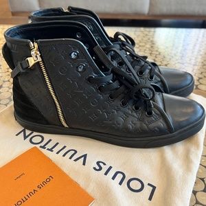 LOUIS VUITTON Calfskin Embossed Monogram Punchy High Top Sneakers, size 40 Black